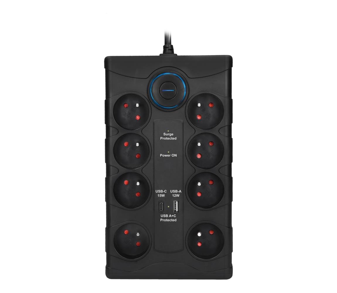 PO80B - Predlžovací kábel s vypínačom 8Z Typ E + 1x USB-A + 1x USB-C 2 m čierny PO80B