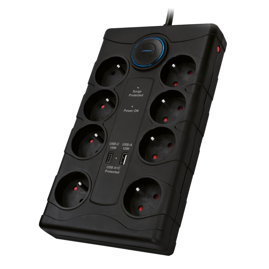 Predlžovací kábel s vypínačom a prepäťovou ochranou, 8 zásuviek Typ E + 1× USB-A + 1× USB-C, 2 m, čierny