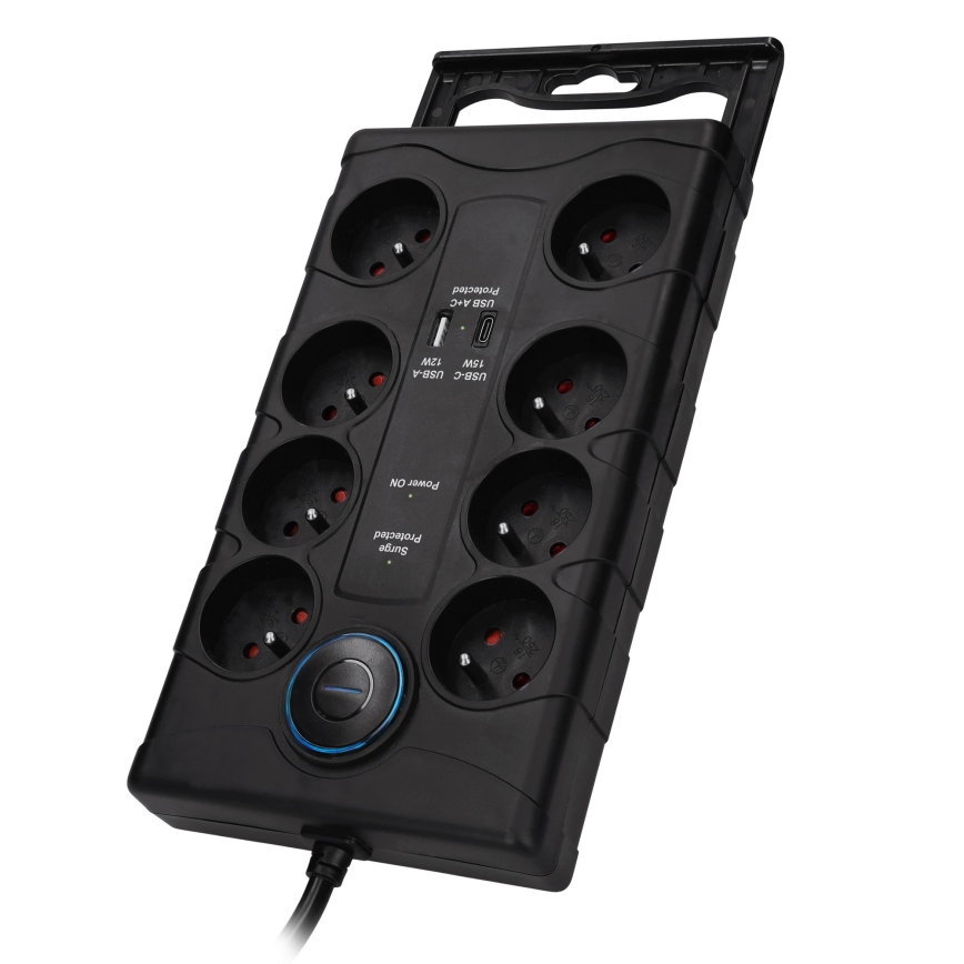 Predlžovací kábel s vypínačom a prepäťovou ochranou, 8 zásuviek Typ E + 1× USB-A + 1× USB-C, 2 m, čierny