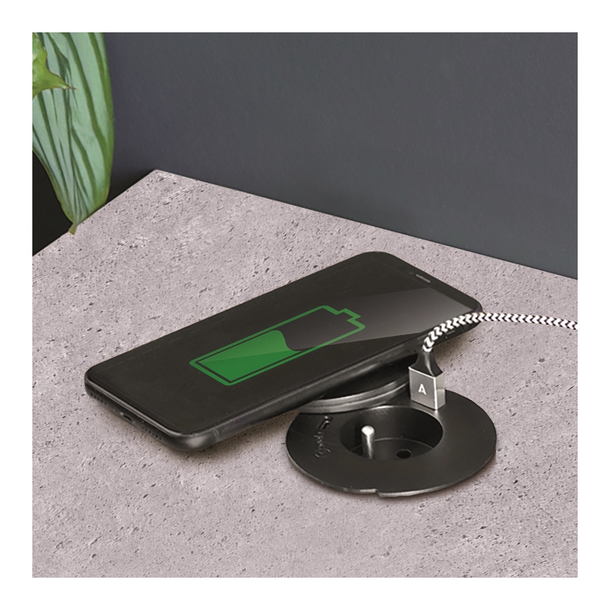 Vstavaná zásuvka s bezdrôtovým nabíjaním 10W 1Z + USB A+C čierna