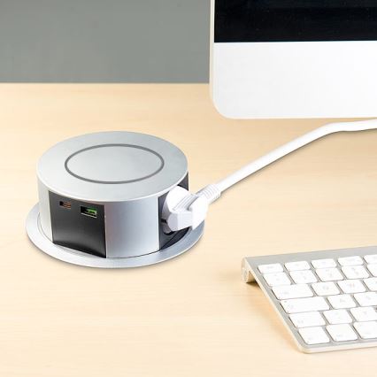 Zásuvkový stĺpik na dosku stola s bezdrôtovým nabíjaním Qi 3x230V + 1xUSB-A + 1xUSB-C strieborná/čierna