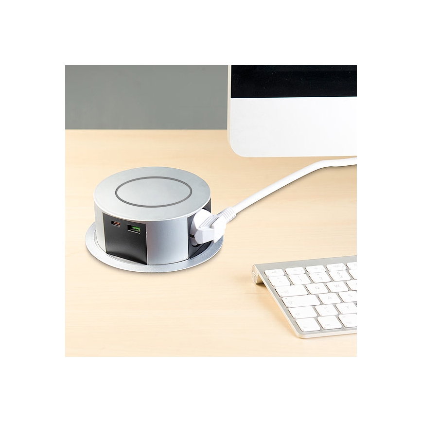 Zásuvkový stĺpik na dosku stola s bezdrôtovým nabíjaním Qi 3x230V + 1xUSB-A + 1xUSB-C strieborná/čierna