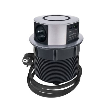 Zásuvkový stĺpik na dosku stola s bezdrôtovým nabíjaním Qi 3x230V + 1xUSB-A + 1xUSB-C strieborná/čierna