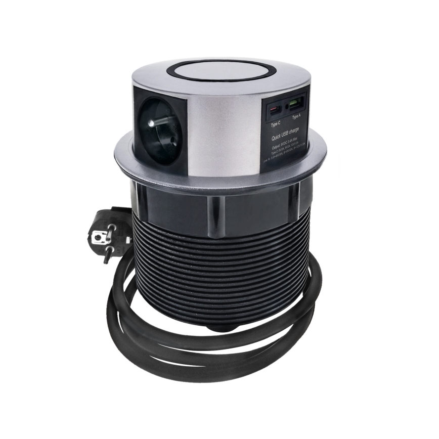 Zásuvkový stĺpik na dosku stola s bezdrôtovým nabíjaním Qi 3x230V + 1xUSB-A + 1xUSB-C strieborná/čierna