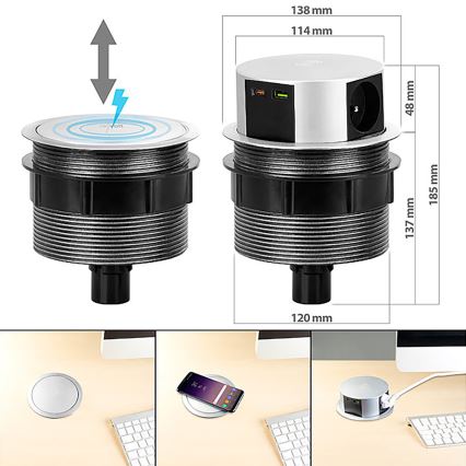 Zásuvkový stĺpik na dosku stola s bezdrôtovým nabíjaním Qi 3x230V + 1xUSB-A + 1xUSB-C strieborná/čierna