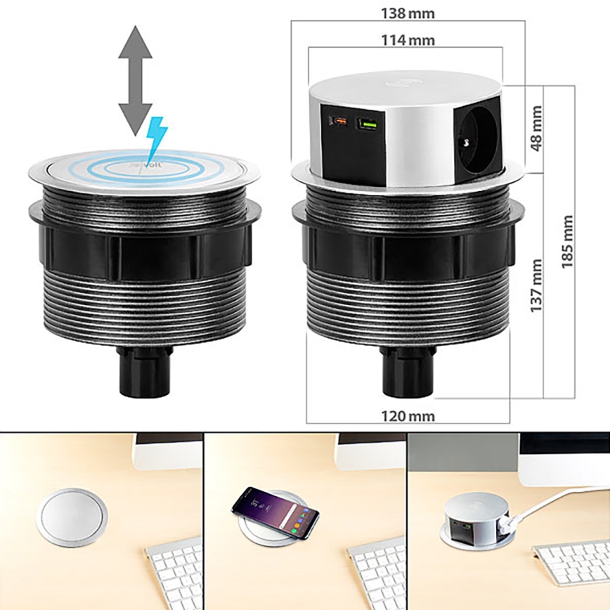 Zásuvkový stĺpik na dosku stola s bezdrôtovým nabíjaním Qi 3x230V + 1xUSB-A + 1xUSB-C strieborná/čierna