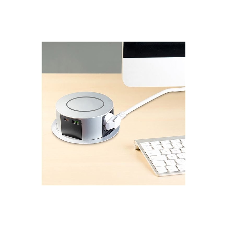 Zásuvkový stĺpik na dosku stola 3x230V + 2xUSB + bezdrôtové nabíjanie