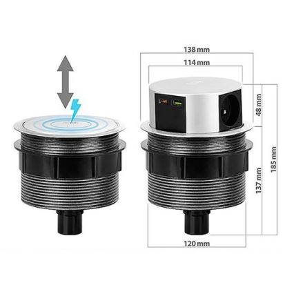 Zásuvkový stĺpik na dosku stola 3x230V + 2xUSB + bezdrôtové nabíjanie