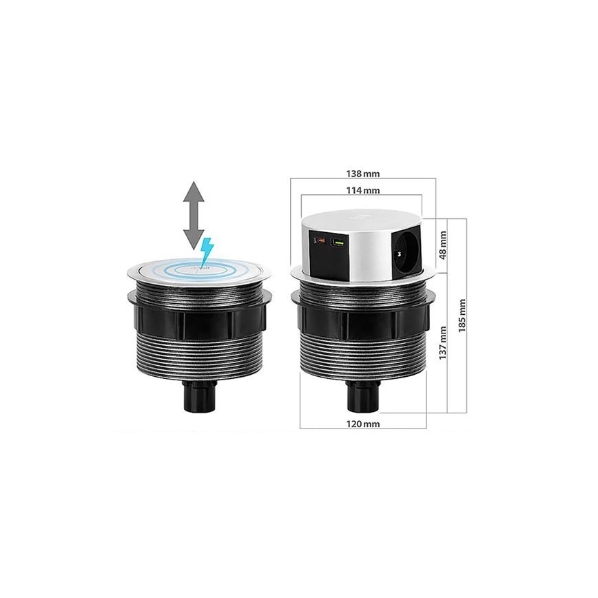 Zásuvkový stĺpik na dosku stola 3x230V + 2xUSB + bezdrôtové nabíjanie
