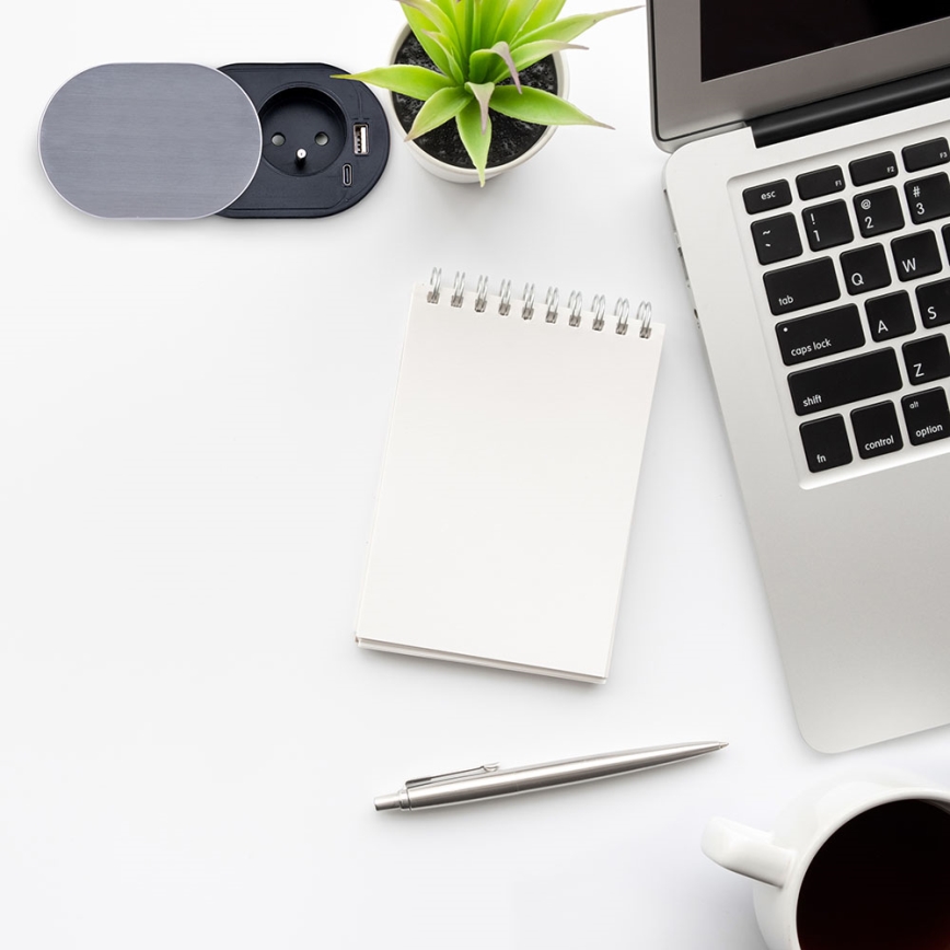 Zásuvkový stĺpik pre dosku stola 1x230V + USB-A + USB-C strieborná