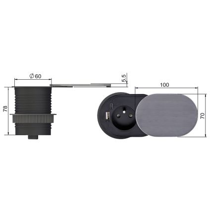 Zásuvkový stĺpik pre dosku stola 1x230V + USB-A + USB-C strieborná