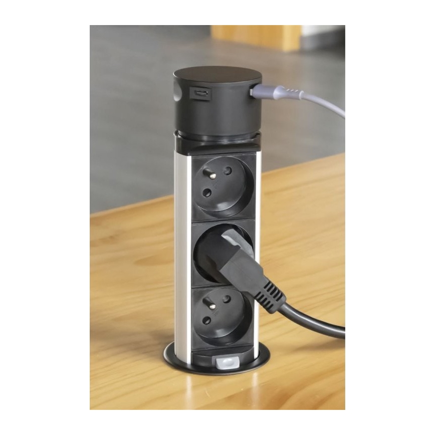 Zásuvkový stĺpik na dosku stola 3x230V + 2xUSB čierna