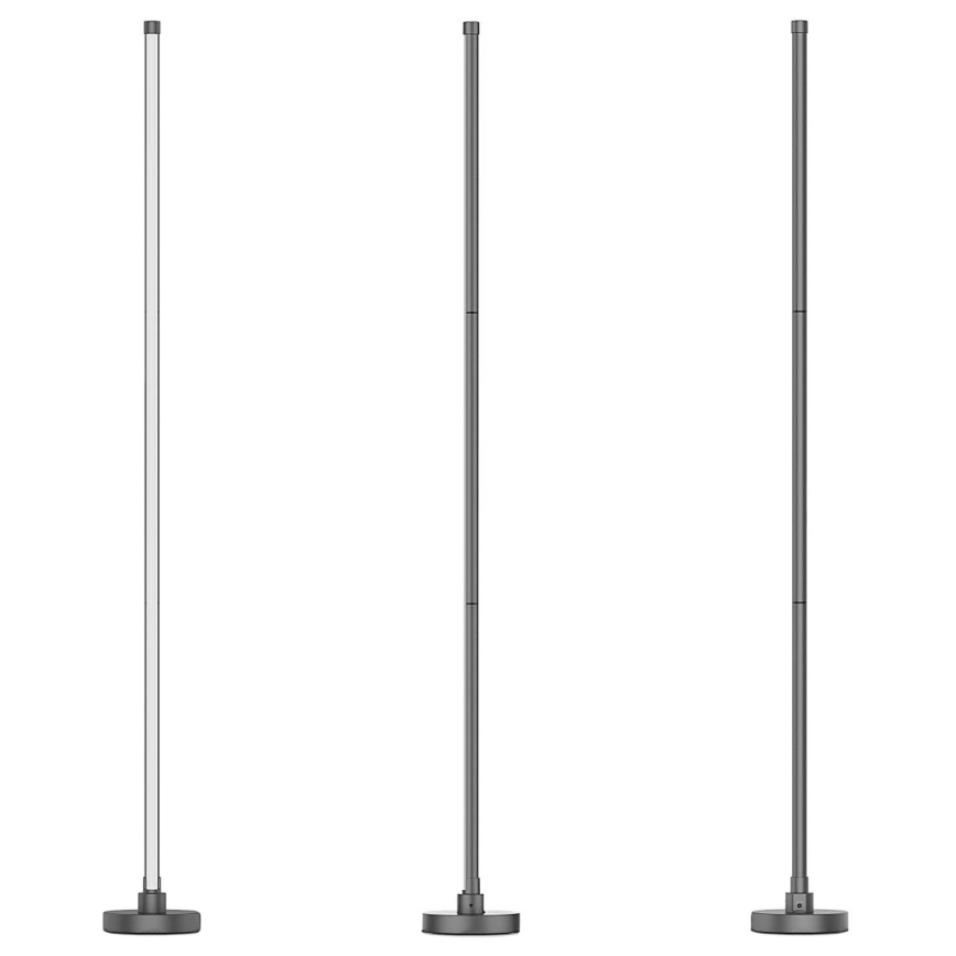 Tri vysoké, úzke stojany stoja vedľa seba na bielom pozadí. Jeden stojan je strieborný, dva sú tmavosivé. Všetky sú umiestnené na malých kruhových podstavcoch.