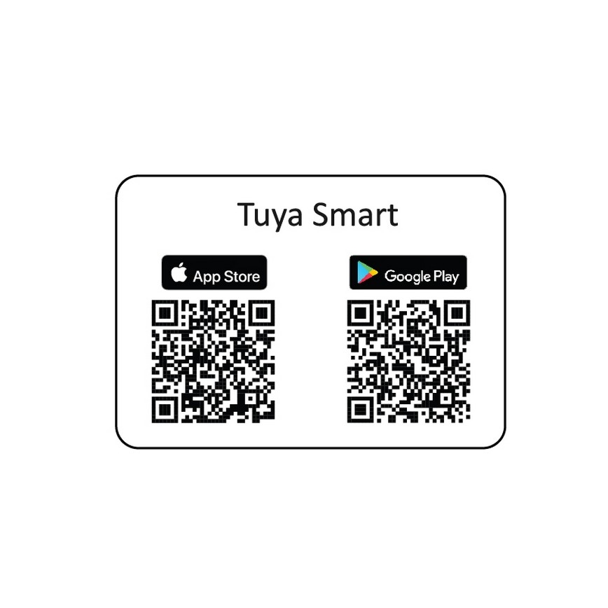 Karta zobrazuje QR kódy pre aplikáciu Tuya Smart. Kódy umožňujú stiahnutie z App Store a Google Play. Text: Tuya Smart, App Store, Google Play.