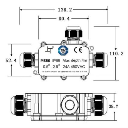 Vodeodolná prepojovacia krabička 24A/450V AC IP68