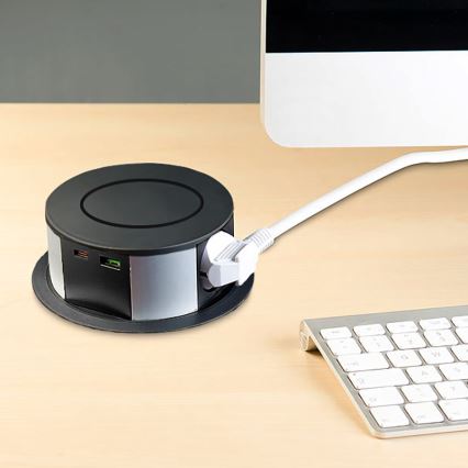 Zásuvkový stĺpik na dosku stola s bezdrôtovým nabíjaním Qi 3x230V + 1xUSB-A + 1xUSB-C čierna/strieborná