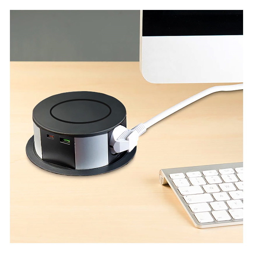Zásuvkový stĺpik na dosku stola s bezdrôtovým nabíjaním Qi 3x230V + 1xUSB-A + 1xUSB-C čierna/strieborná