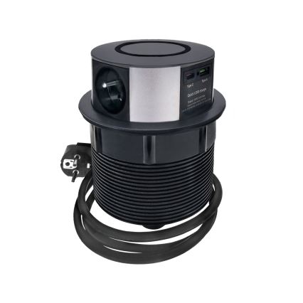 Zásuvkový stĺpik na dosku stola s bezdrôtovým nabíjaním Qi 3x230V + 1xUSB-A + 1xUSB-C čierna/strieborná