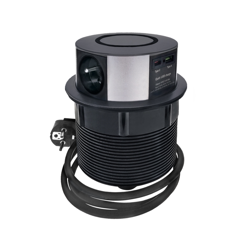 Zásuvkový stĺpik na dosku stola s bezdrôtovým nabíjaním Qi 3x230V + 1xUSB-A + 1xUSB-C čierna/strieborná