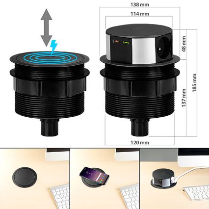 Zásuvkový stĺpik na dosku stola s bezdrôtovým nabíjaním Qi 3x230V + 1xUSB-A + 1xUSB-C čierna/strieborná
