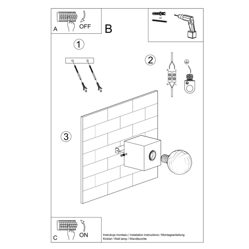 Návod na montáž nástennej lampy: Inštalácia lampy na tehlovú stenu pomocou skrutiek. Pripojenie káblov a zapnutie spínača.