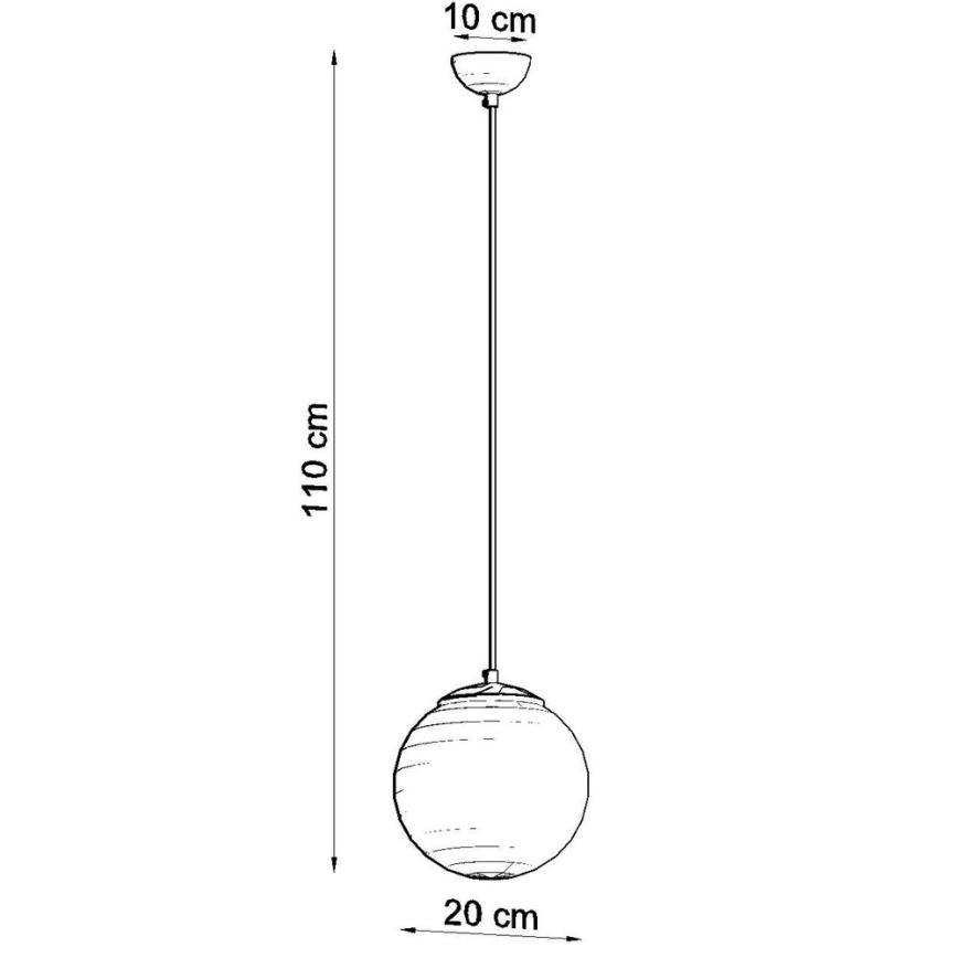 Závesné svietidlo visí zo stropu. Guľové tienidlo s priemerom 20 cm je zavesené na 110 cm dlhom kábli, zakončené 10 cm vysokou strieškou.