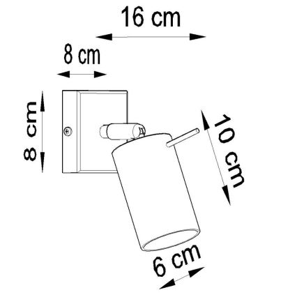 Svietidlo je pripevnené na stenu. Má valcový tvar s rozmermi 6x10 cm a štvorcovú základňu 8x8 cm. Celková šírka je 16 cm.