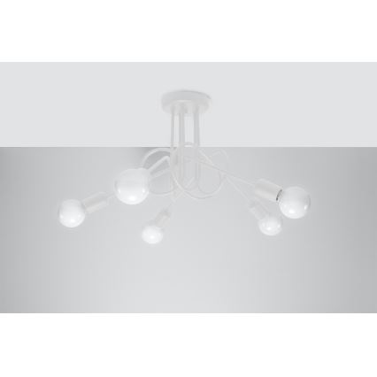 Biela stropná lampa s piatimi guľovitými tienidlami je pripevnená k stropu. Jej ramená sú prepletené a vytvárajú abstraktný tvar. Lampa je umiestnená v svetlej miestnosti.