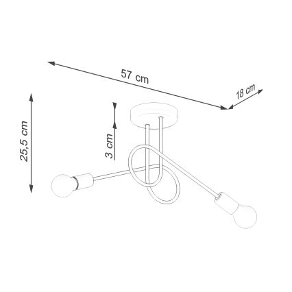 Dvojramenné stropné svietidlo s krivolakými ramenami a žiarovkami osvetľuje priestor. Rozmery: celková šírka 57 cm, výška 25,5 cm, hĺbka 18 cm, dĺžka ramena 3 cm.