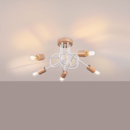 Prisadený luster EMBER 5xE27/15W/230V biela/béžová/buk