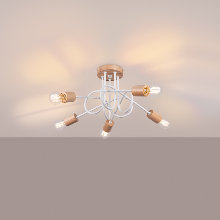 Prisadený luster EMBER 5xE27/15W/230V biela/béžová/buk