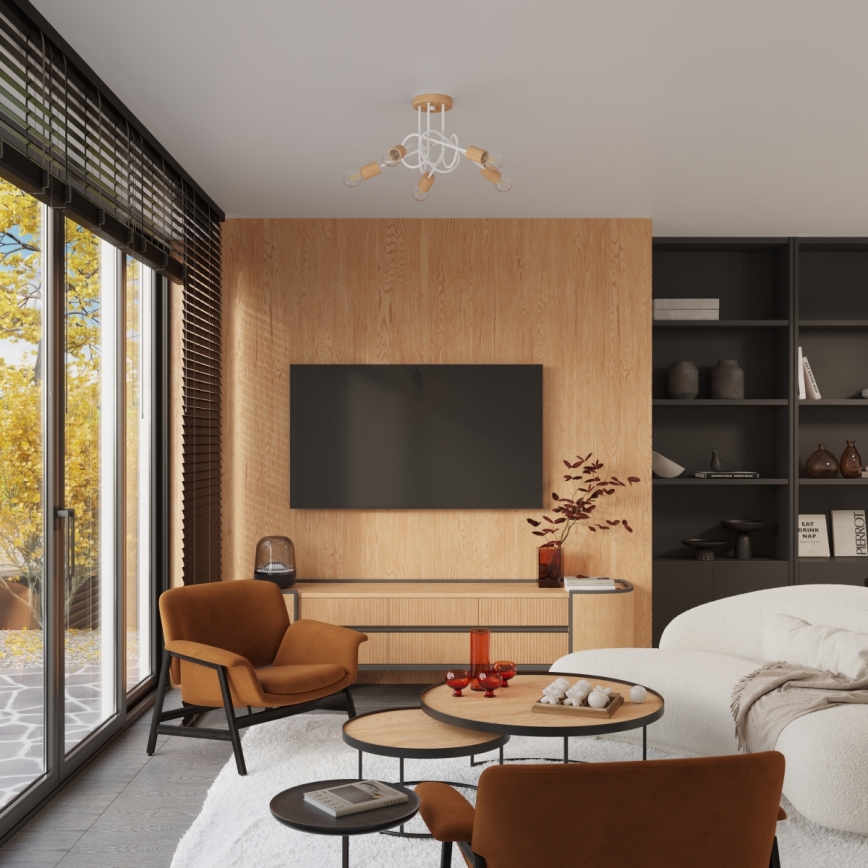 Prisadený luster EMBER 5xE27/15W/230V biela/béžová/buk