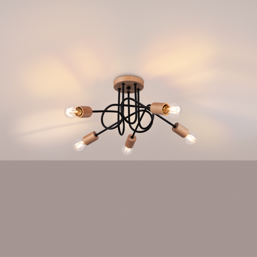Prisadený luster EMBER 5xE27/15W/230V čierna/béžová/buk