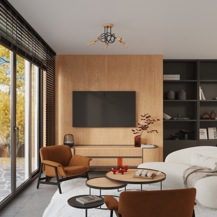 Prisadený luster EMBER 5xE27/15W/230V čierna/béžová/buk