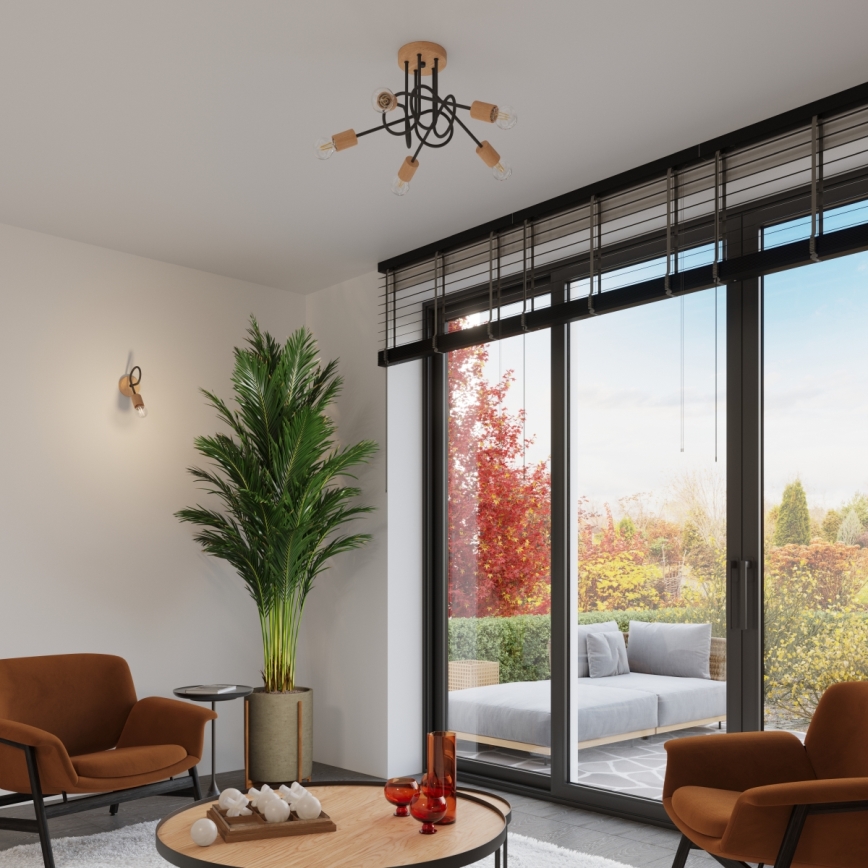 Prisadený luster EMBER 5xE27/15W/230V čierna/béžová/buk