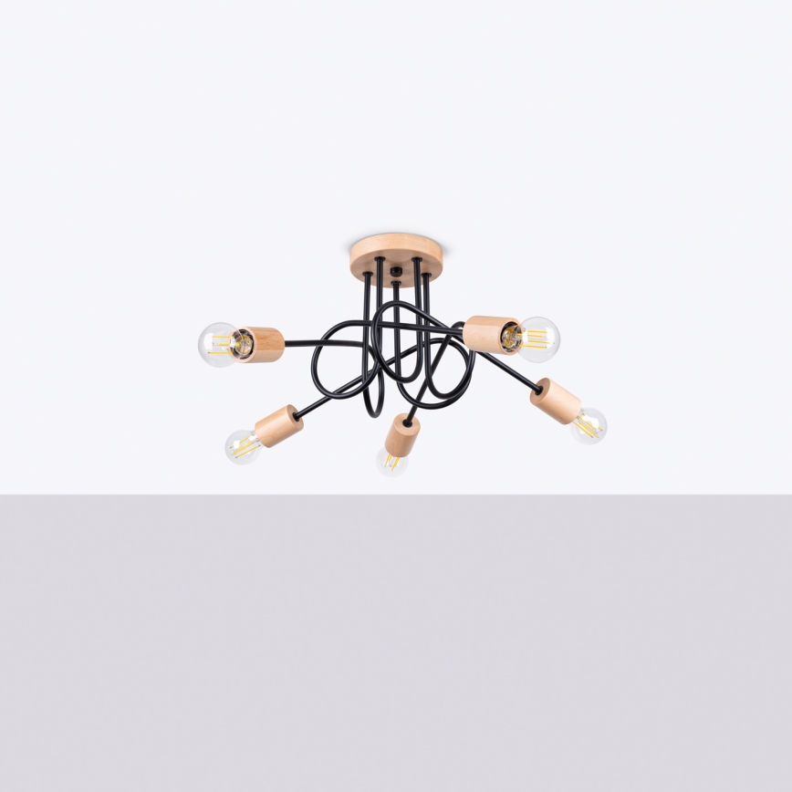 Prisadený luster EMBER 5xE27/15W/230V čierna/béžová/buk