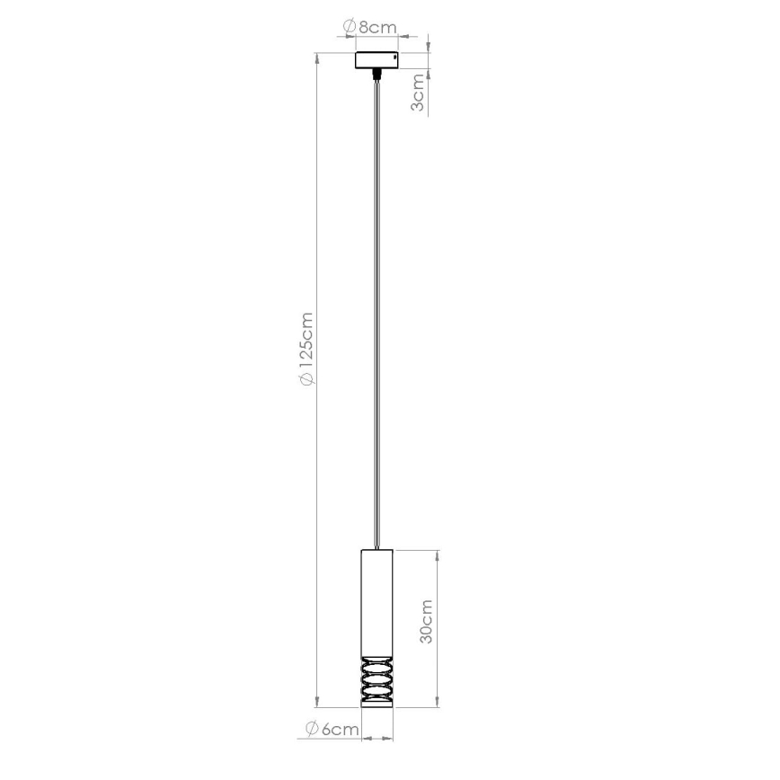 Technický výkres visiaceho svietidla. Svietidlo visí na 125 cm dlhom kábli z stropnej úchytky (rozmery 8x3 cm). Svietidlo má valcovitý tvar (priemer 6 cm, výška 30 cm) s dekoratívnymi prvkami v spodnej časti.