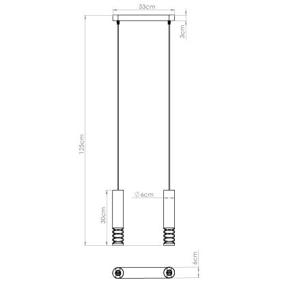 Dvojité závesné svietidlo s valcovitými tienidlami na pružinách, zavesené z 33cm dlhej stropnej lišty, celková dĺžka 125cm, priemer tienidiel 6cm, výška tienidiel 30cm.