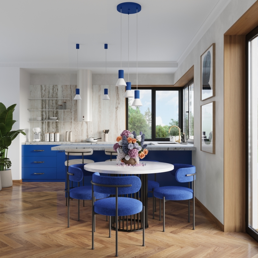 Závesný luster na lanku ESTRIA 1xE14/10W/230V, priemer 14 cm, modrý