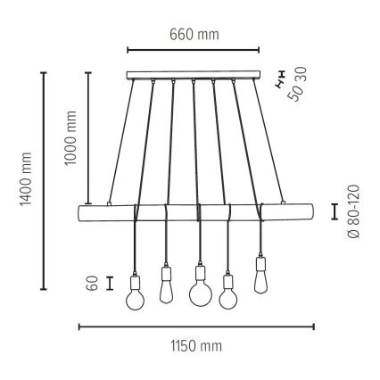 Luster na lanku TRABO 5xE27/60W/230V borovica – FSC certifikované