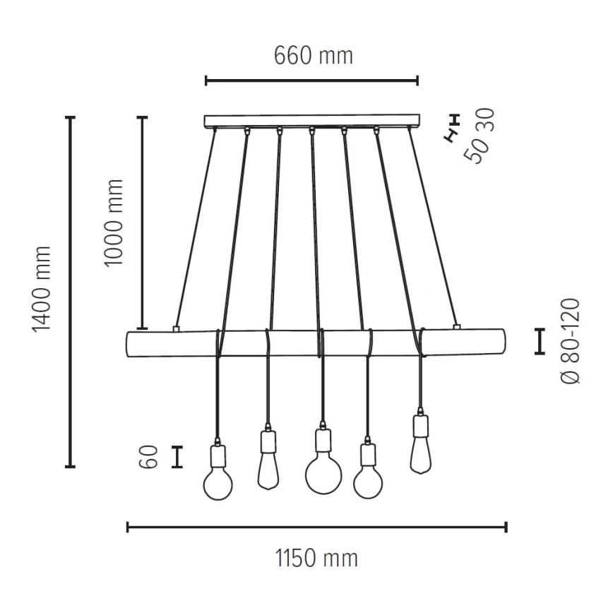 Luster na lanku TRABO 5xE27/60W/230V borovica