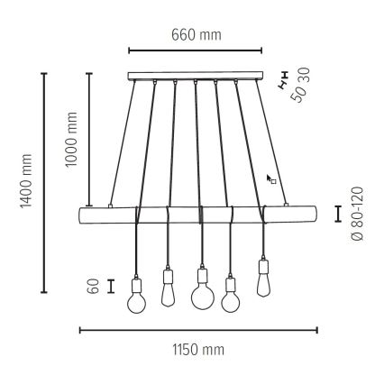 Luster na lanku TRABO 5xE27/60W/230V borovica