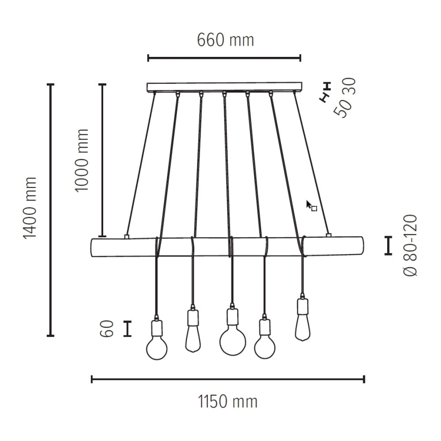 Luster na lanku TRABO 5xE27/60W/230V borovica