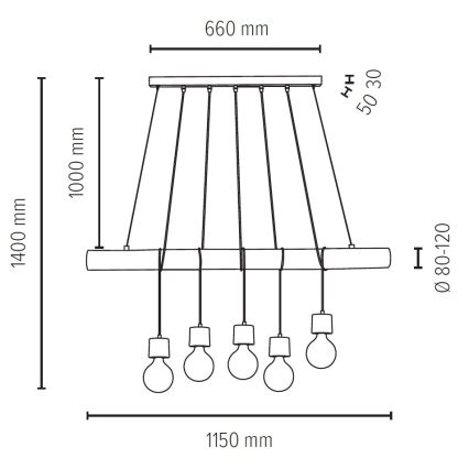 Luster na lanku TRABO 5xE27/60W/230V borovica – FSC certifikované