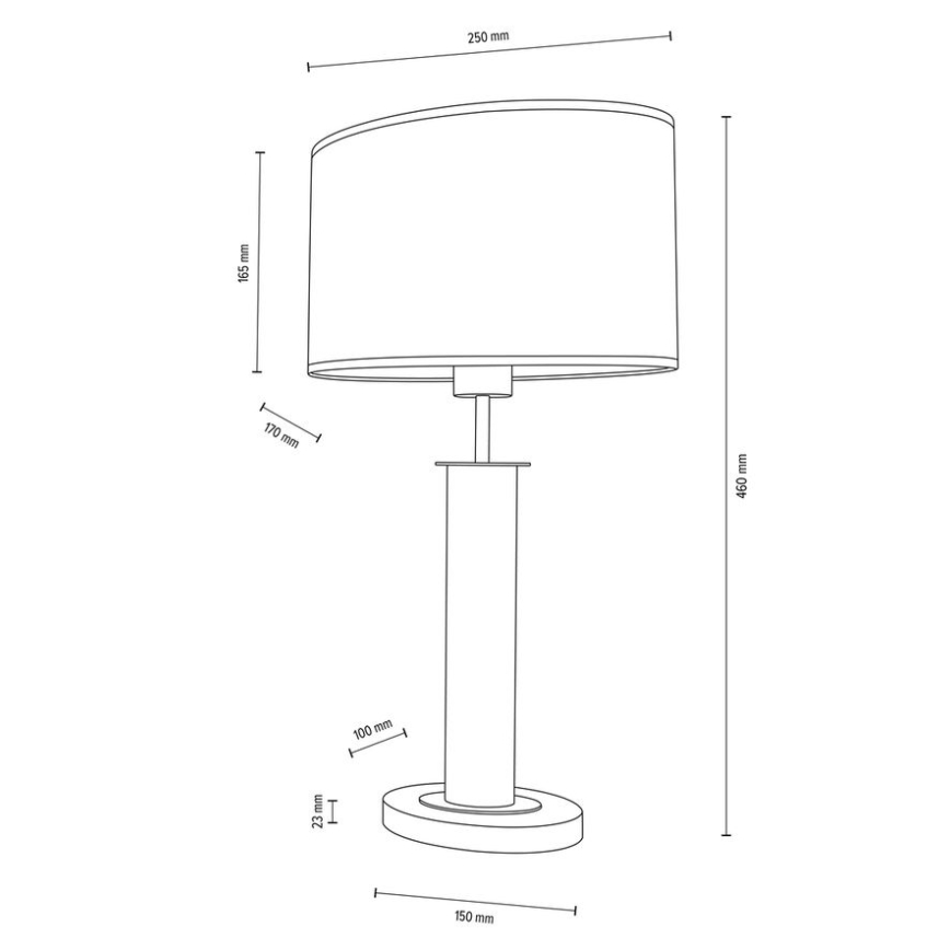 Stolová lampa s valcovým tienidlom stojí na kruhovej podstave. Rozmery: výška 460 mm, priemer tienidla 250 mm, priemer podstavy 150 mm, výška stĺpika 100 mm, výška tienidla 165 mm.