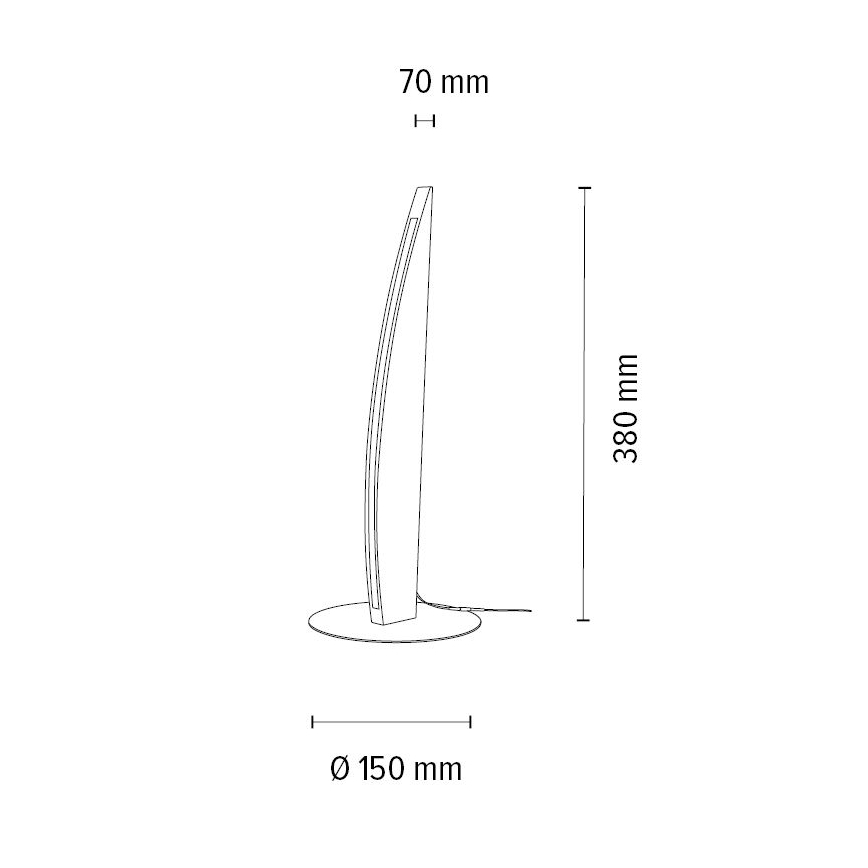 Stojacia lampa s výškou 380 mm a priemerom základne 150 mm stojí na kruhovom podstavci. Je vysoká a štíhla, s mierne zakriveným tvarom. Pripojený je kábel.