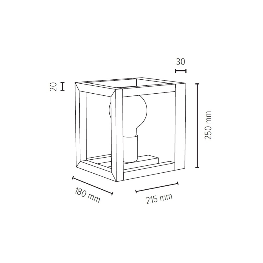 Drevená lampa v tvare kocky drží žiarovku. Rozmery: 180 x 215 x 250 mm.