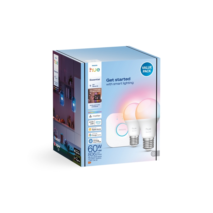 Základná sada Philips Hue White And Color Ambiance Essential 2xE27/8W/230V 2200-6500K + zariadenie na prepojenie