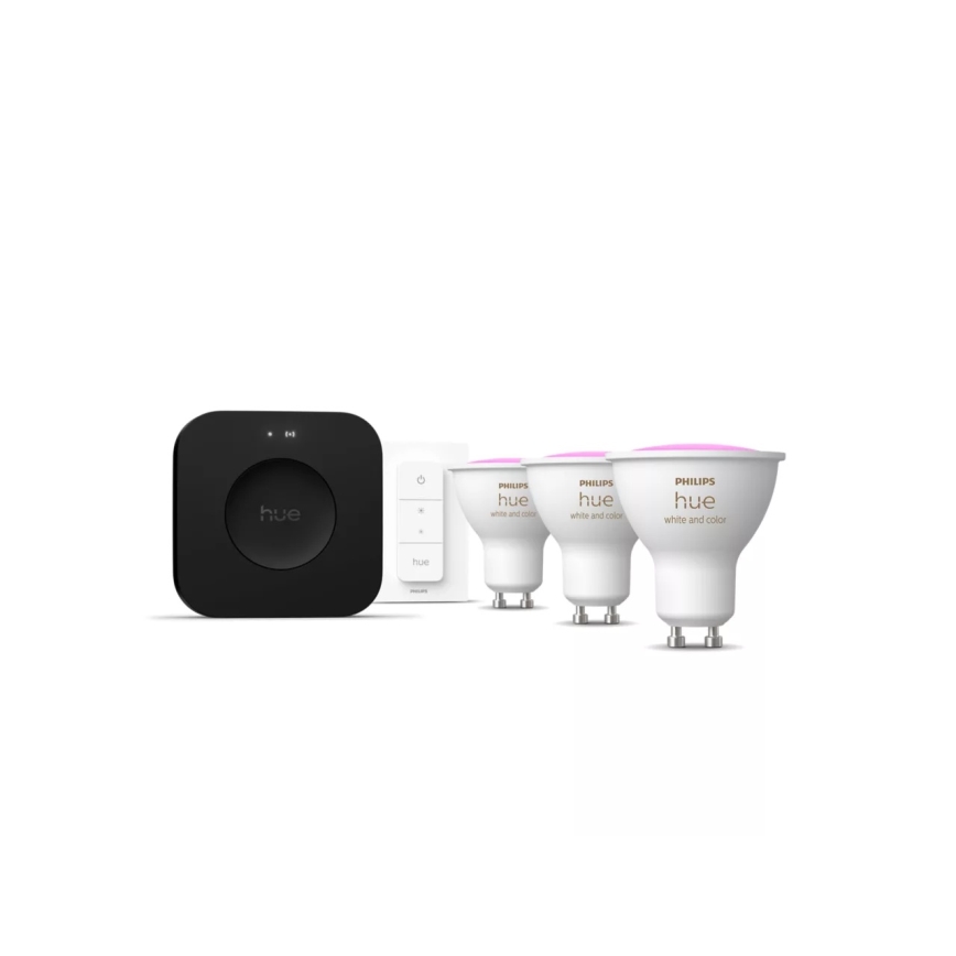 Základná sada Philips Hue WHITE AND COLOR AMBIANCE 3xGU10/4,2W 2000-6500K + Hue Bridge a stmievací spínač