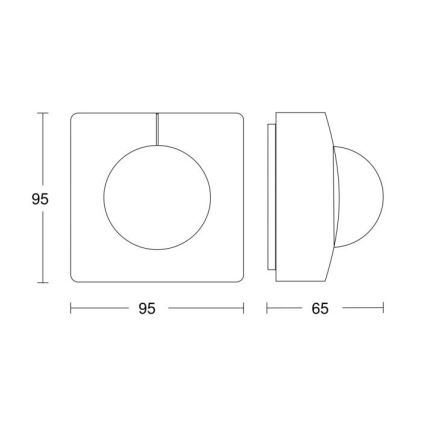 Technický výkres zobrazuje nástennú svietidlo s kruhovým difúzorom. Svietidlo je štvorcové s rozmermi 95 x 95 mm. Senzor má rozmery 65 mm.